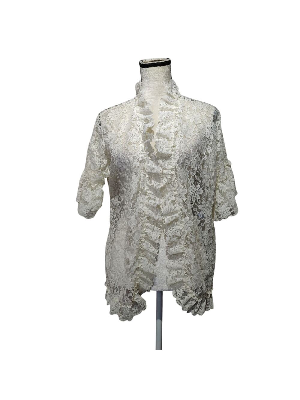 Vtg Sz M Lady Cameo Ivory Lace Bed Jacket Short Robe Peignoir Ruffle Trim